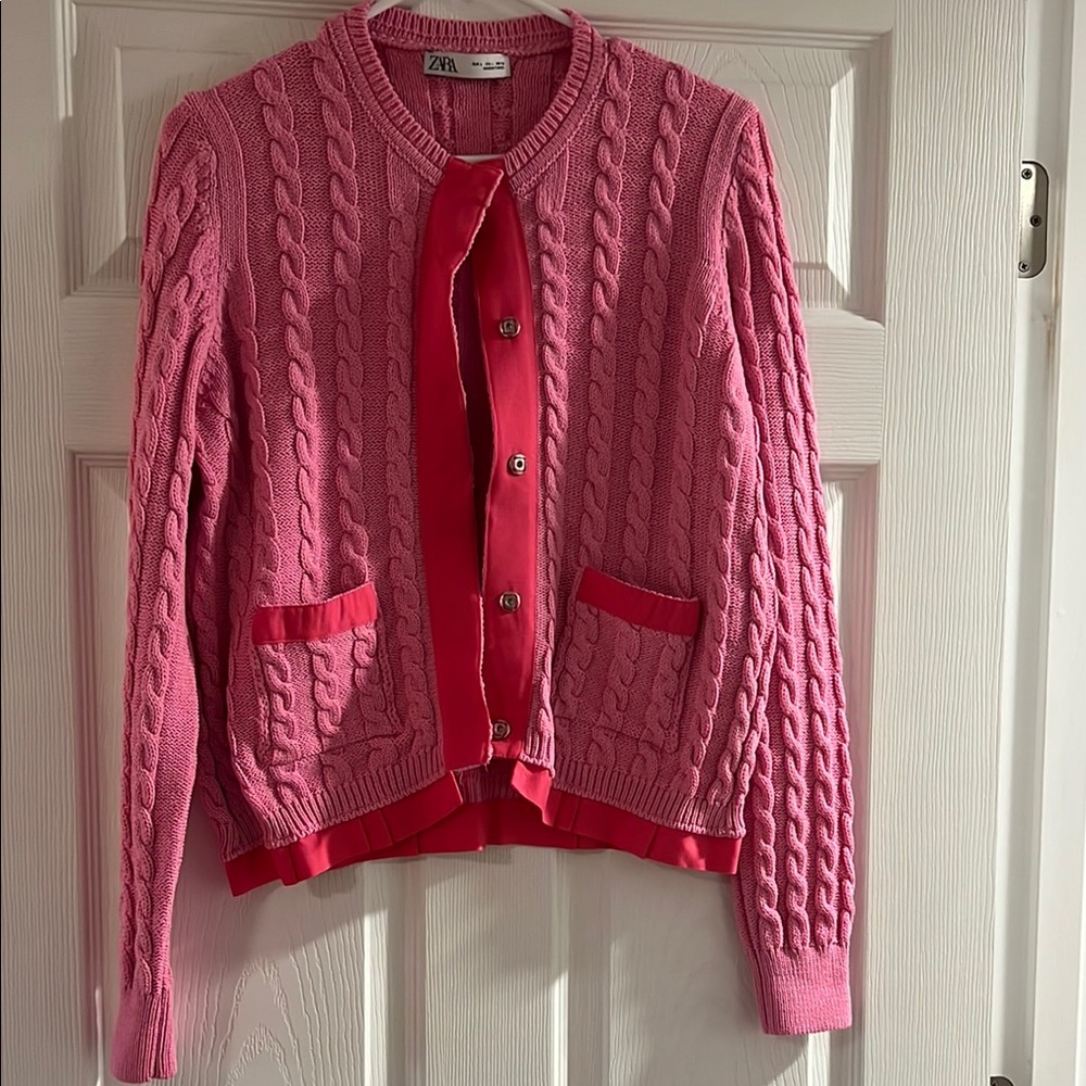 Zara Pink Cable-Knit Cardigan with Contrast Trim NWOT